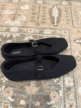 VIVAIA Black Knit Mary Jane Flats with Adjustable Buckle
